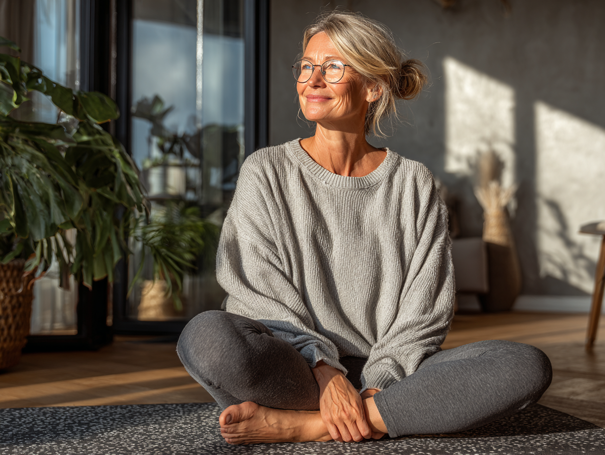 Люди зрілого віку займаються йогою на природі